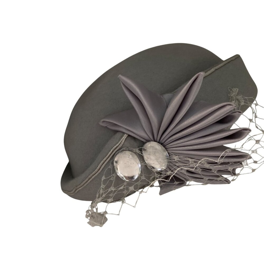 Vintage Anita Pineault Gray Felt Hat With Satin Bow Netting & Rhinestone Accents
